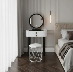 Set Bianca, Masă de toaletă pentru machiaj cu oglindă iluminată LED, control touch, taburet tapitat, 60x38x76 cm, Alb/Negru