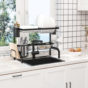 HOMCOM Uscător de Vase de Tip Stand Modular cu 2 Nivele 65x31.5x52.5 cm Negru | Aosom Romania