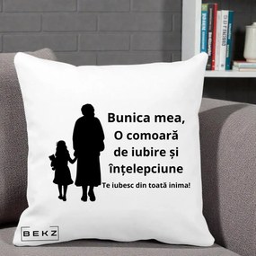 Cadou pentru Bunica - Perna Personalizata Bunica Mea Comoara Iubire Intelepciune Silueta, 40x40 cm, Alba Mata, Husa Detasabila, Perna Inclusa, BEKZ®