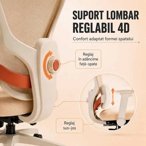 Scaun ergonomic din mesh cu tetieră reglabilă și suport lombar reglabil SYYT 9523 crem