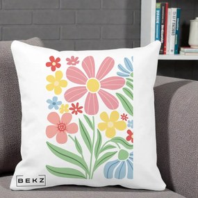 Perna Decorativa Flori Grafice Roz Pastel, 40x40 cm, Alba Mata, Husa Detasabila, Perna Inclusa, BEKZ®