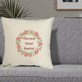 Cadou pentru Bunica - Perna Personalizata Cea Mai Buna Bunica Coronita Trandafiri Roz Clasic, 40x40 cm, Ecru, Husa Detasabila, Perna Inclusa, BEKZ®