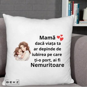 Cadou pentru Mama - Perna Personalizata Mama Nemuritoare cu Balon Inima, 40x40 cm, Alb Pufos, Husa Detasabila, Perna Inclusa, BEKZ®