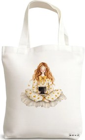 Sacosa de Panza pentru Cumparaturi, Geanta Tote, model The bookie girl 38 x 34.5 cm, Alba, BEKZ®