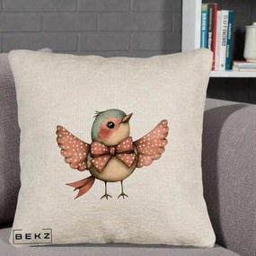 Perna Decorativa Pasare Roz cu Aripi si Fundita, 40x40 cm, Bej Canapea, Husa Detasabila, Perna Inclusa, BEKZ®
