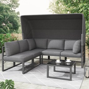 Set de mobilier de grădină din 4 piese, canapea cu trei locuri cu marchiză, 2 fotolii individuale și măsuță de cafea, Gri