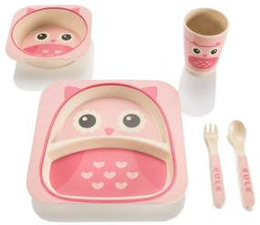 Set de masă pentru copii din bambus - bufniță roz