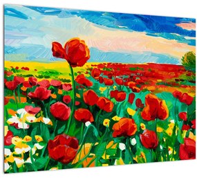 Tablou pe sticlă - Câmp cu maci (70x50 cm)
