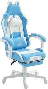 HOMCOM Scaun de gaming reclinabil cu suport pentru picioare și perne, 65x62x124 cm, alb și albastru | Aosom Romania