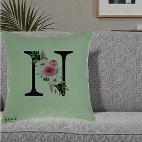 Cadou Personalizat - Perna Personalizata Monograma Florala Litera N, 40x40 cm, Verde, Husa Detasabila, Perna Inclusa, BEKZ®
