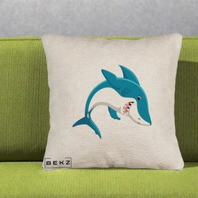 Perna Decorativa Rechin Albastru Cartoon, 40x40 cm, Bej Canapea, Husa Detasabila, Perna Inclusa, BEKZ®