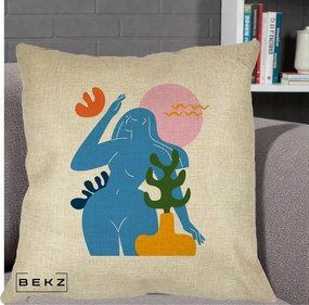 Perna Decorativa Femeie Albastra Cactus, 40x40 cm, Crem, Husa Detasabila, Perna Inclusa, BEKZ®