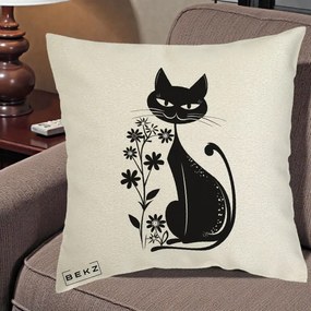 Perna Decorativa Pisica Neagra Grafica Minimalista, 40x40 cm, Ecru, Husa Detasabila, Perna Inclusa, BEKZ®