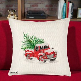 Perna Decorativa Camioneta Rosie Brad de Craciun, 40x40 cm, Crem Reliefat, Husa Detasabila, Perna Inclusa, BEKZ®