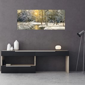 Tablou - Cabană în pădure, pictură în uei (120x50 cm)