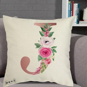Cadou Personalizat - Perna Personalizata Monograma Rose Gold Litera J, 40x40 cm, Ecru, Husa Detasabila, Perna Inclusa, BEKZ®