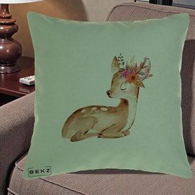 Perna Decorativa Caprioara cu Flori in Coama, 40x40 cm, Verde, Husa Detasabila, Perna Inclusa, BEKZ®