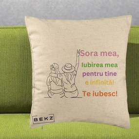 Cadou pentru Sora - Perna Personalizata Sora Mea Te Iubesc Doua Fete cu Palarie si Umbrela, 40x40 cm, Bej, Husa Detasabila, Perna Inclusa, BEKZ®