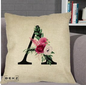 Cadou Personalizat - Perna Personalizata Monograma Florala Litera A, 40x40 cm, Crem, Husa Detasabila, Perna Inclusa, BEKZ®