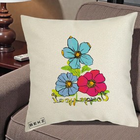 Perna Decorativa Trei Flori Grafice Pop Art, 40x40 cm, Ecru, Husa Detasabila, Perna Inclusa, BEKZ®