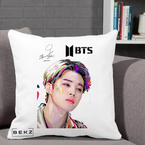 Perna Personalizata K-pop BTS Jimin Portret Artistic Multicolor cu Autograf, 40x40 cm, Alba Mata, Husa Detasabila, Perna Inclusa, BEKZ®
