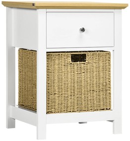 HOMCOM Masă de Noapte cu Sertar și Coș din Răchită Pliabil Masă Auxiliară pentru Sufragerie Dormitor 49x39x64 cm Alb și Natural | Aosom Romania