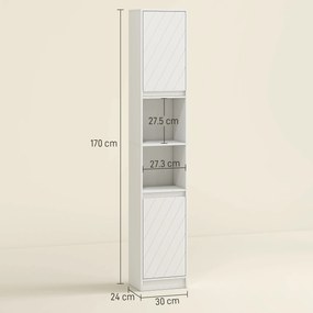 HOMCOM Coloană de baie, mobilier de depozitare cu 2 uși, 2 compartimente deschise, , 30 x 24 x 170 cm, alb | Aosom Romania
