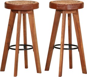 vidaXL Scaune de bar, 2 buc., piele naturală și lemn masiv de acacia
