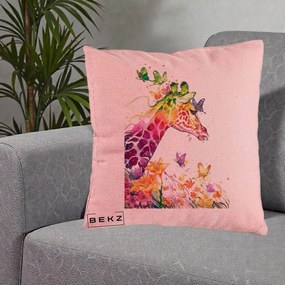 Perna Decorativa Girafa Curcubeu Acuarela, 40x40 cm, Roz, Husa Detasabila, Perna Inclusa, BEKZ®
