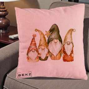 Perna Decorativa Gnomi de Craciun Patru, 40x40 cm, Roz, Husa Detasabila, Perna Inclusa, BEKZ®