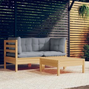 Set mobilier de gradina cu perne gri, 3 piese, lemn masiv pin