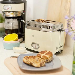 Prajitor de paine Russell Hobbs Retro Vintage Cream 21682-56, 1300W, 2 felii, 6 trepte, Indicator retro, Lift & Look, Quick Toast, Cream/Inox