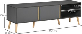 HOMCOM Mobilier TV pentru televizoare de până la 139,7 cm scandinav 2 uși 2 nișe cu treceri pentru cabluri 150 x 35 x 45 cm gri închis | Aosom Romania