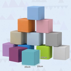 HOMCOM Set 12 Cuburi de Jucărie Moi pentru Copii 12-36 Luni, 20x20x20 cm, Multicolor Închis | Aosom Romania