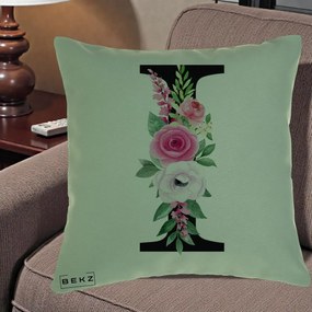 Cadou Personalizat - Perna Personalizata Monograma Florala Litera I, 40x40 cm, Verde, Husa Detasabila, Perna Inclusa, BEKZ®