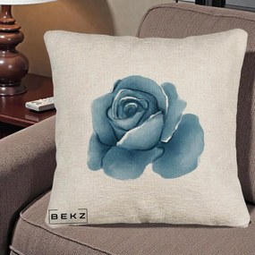 Perna Decorativa Trandafir Albastru Acuarela, 40x40 cm, Bej Canapea, Husa Detasabila, Perna Inclusa, BEKZ®