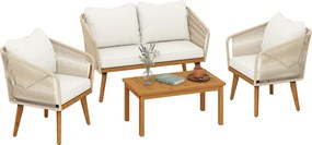 Outsunny Set mobilier grădină 4 piese lounge polyrattan cu canapea 2 locuri, 2 fotolii, masă din lemn de acacia cu lamele, perne groase lavabile | Aosom Romania