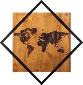 Decoratiune perete WORLD 2, stejar/negru, lemn/metal, 54x54 cm