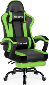RESIGILAT- Scaun gaming, Masaj în perna lombară, Suport picioare, Rabatabil 90-165°, piele PU, Negru/Verde