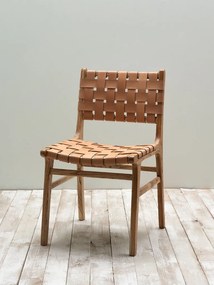 Scaun dining împletit din piele naturală și lemn de mango, maro, cu curele țesute pe șezut și spătar, 85 x 51 x 50 cm, „Itura”