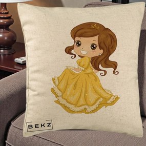 Perna Decorativa Printesa Bella Rochie Aurie, 40x40 cm, Bej, Husa Detasabila, Perna Inclusa, BEKZ®