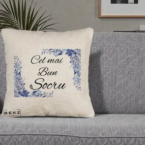Cadou pentru Socru - Perna Personalizata Cel mai Bun Socru cu Flori Albastre Acuarela, 40x40 cm, Bej Canapea, Husa Detasabila, Perna Inclusa, BEKZ®