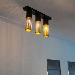 Plafoniera industrială neagră cu auriu, de formă alungită, cu 3 lumini - Raspi