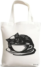 Sacosa de Panza pentru Cumparaturi, Geanta Tote, model Caffeine Cat 25 38 x 34.5 cm, Alba, BEKZ®