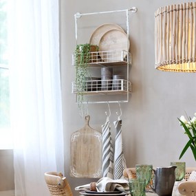Etajera, alba, din metal si lemn, cu 4 agatatori, aspect vintage, Sia