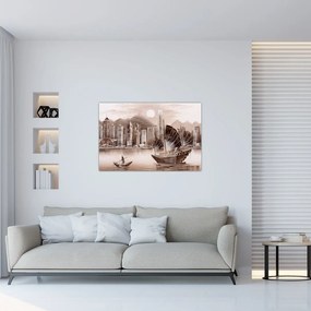 Tablou - Victoria Harbour, Hong Kong, efect sepia (90x60 cm)