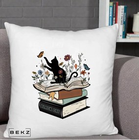 Perna Personalizata Pisica Neagra Carti Flori Fluturi, 40x40 cm, Alb Pufos, Husa Detasabila, Perna Inclusa, BEKZ®