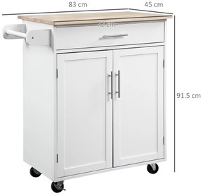 HOMCOM Cărucior de bucătărie pe roți cărucior de servire insulă de bucătărie cu sertar, dulap și suport pentru prosoape - alb | Aosom Romania