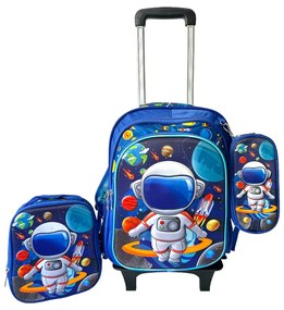 Set 3 piese Ghiozdan pentru scoala cu troler detasabil, cu borseta si penar, 41 x 30 x 23 cm, 3 comp
