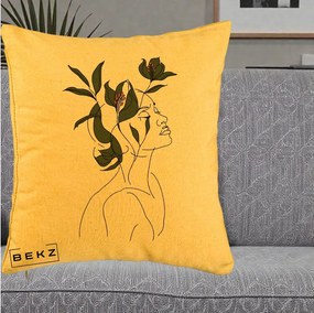 Perna Decorativa Portret Feminin Crin Verde, 40x40 cm, Galben, Husa Detasabila, Perna Inclusa, BEKZ®